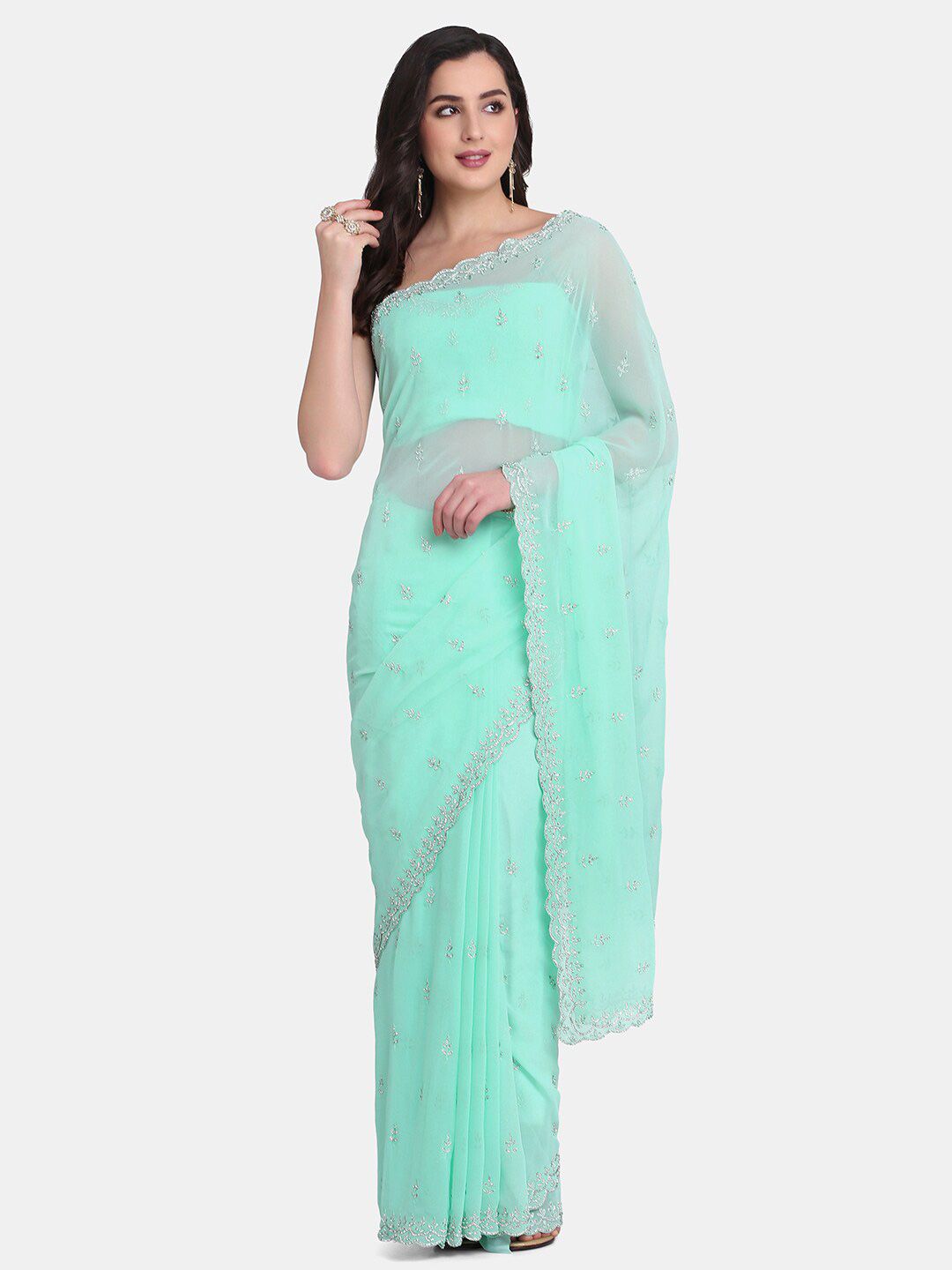 BOMBAY SELECTIONS Green & White Embellished Pure Georgette Saree Price in India