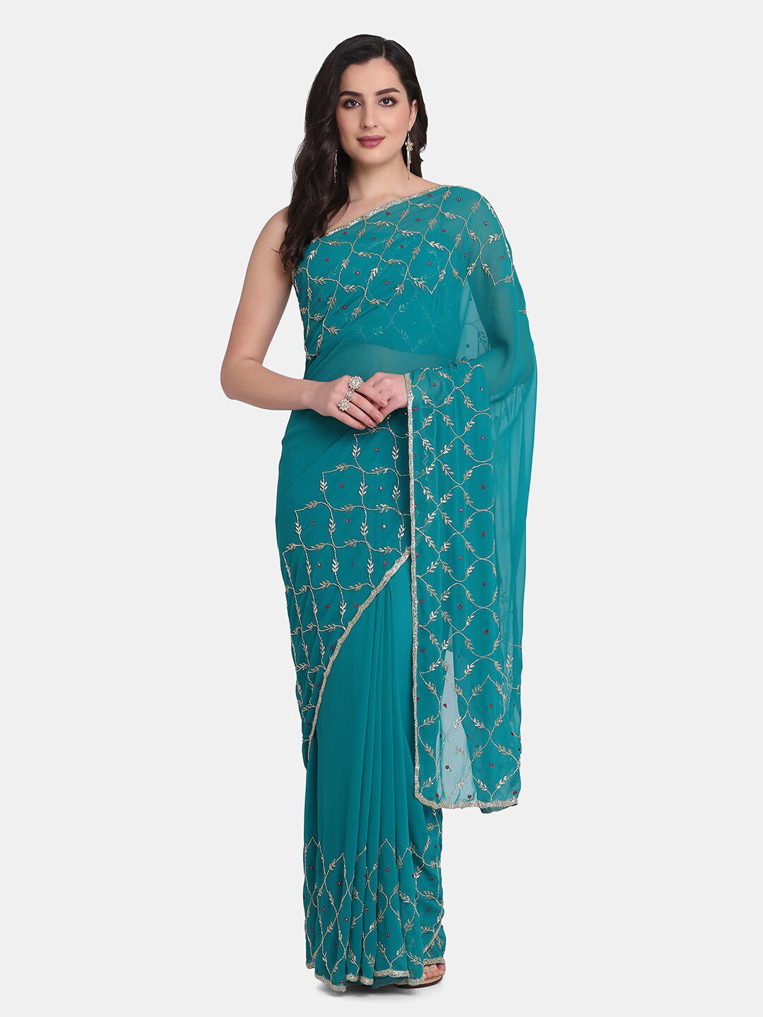 BOMBAY SELECTIONS Teal Ethnic Motifs Beads and Stones Pure Georgette Saree Price in India