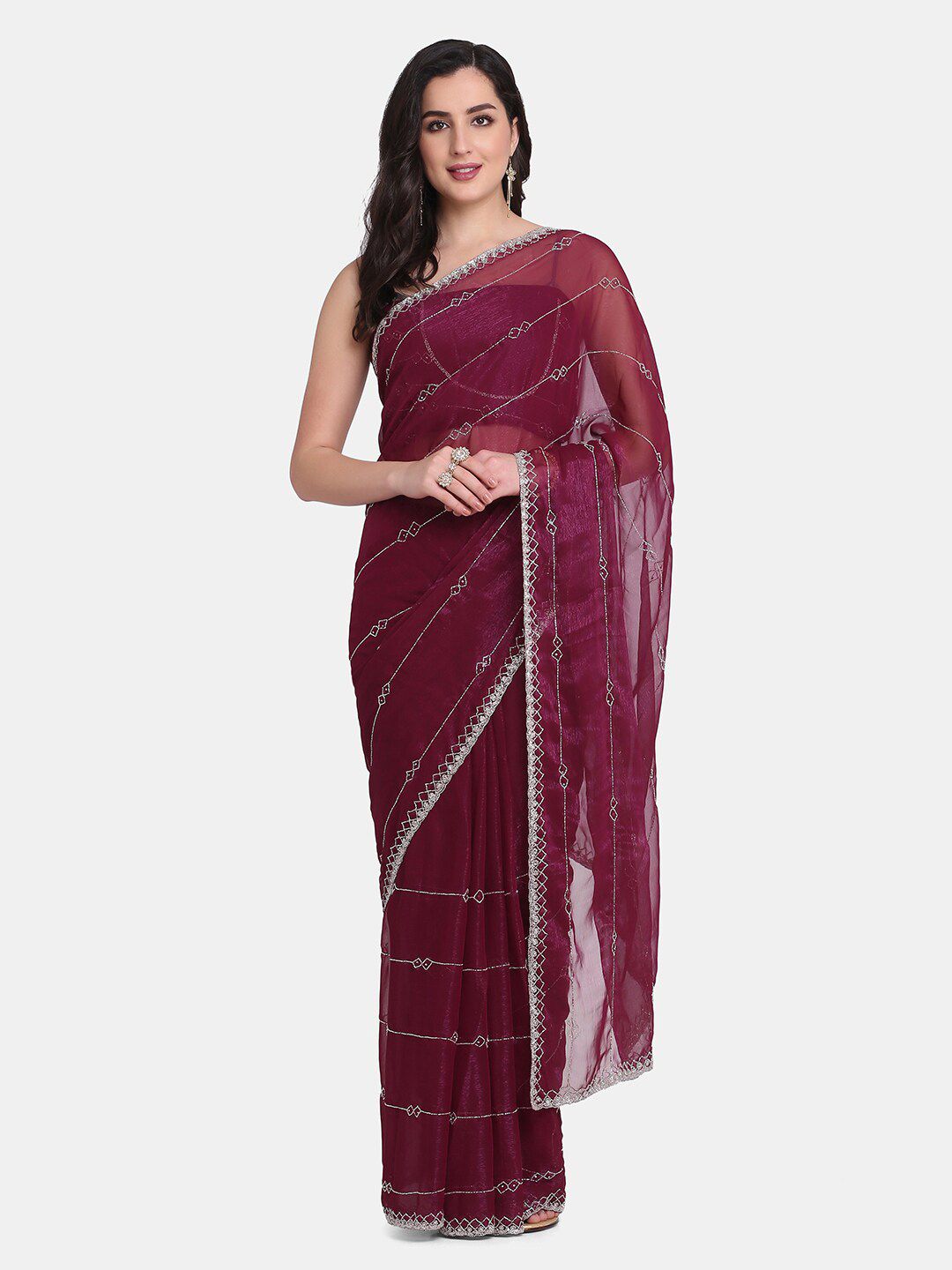 BOMBAY SELECTIONS Burgundy & Silver-Toned Striped Beads and Stones Organza Saree Price in India