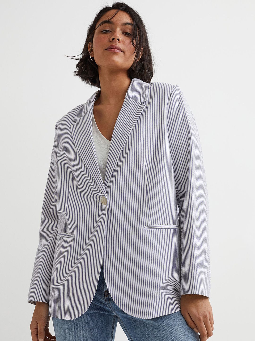 H&M Women Blue & White Pure Cotton Striped Single Breasted Jacket Price in India