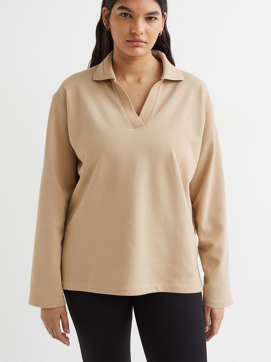 H&M Women Beige Solid Collared Sweatshirt Price in India