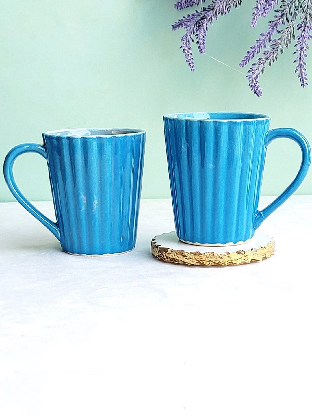Folkstorys Set of 2 Blue Handcrafted Textured Ceramic Glossy Cups and Mugs Price in India