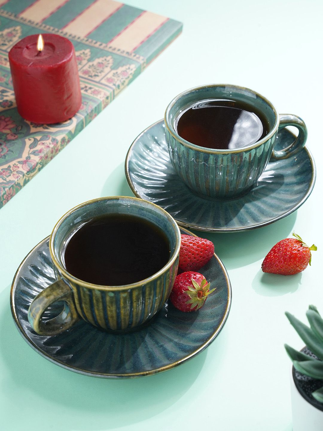 Folkstorys Set Of 2 Green & Blue Textured Ceramic Glossy Cups And Saucer Price in India