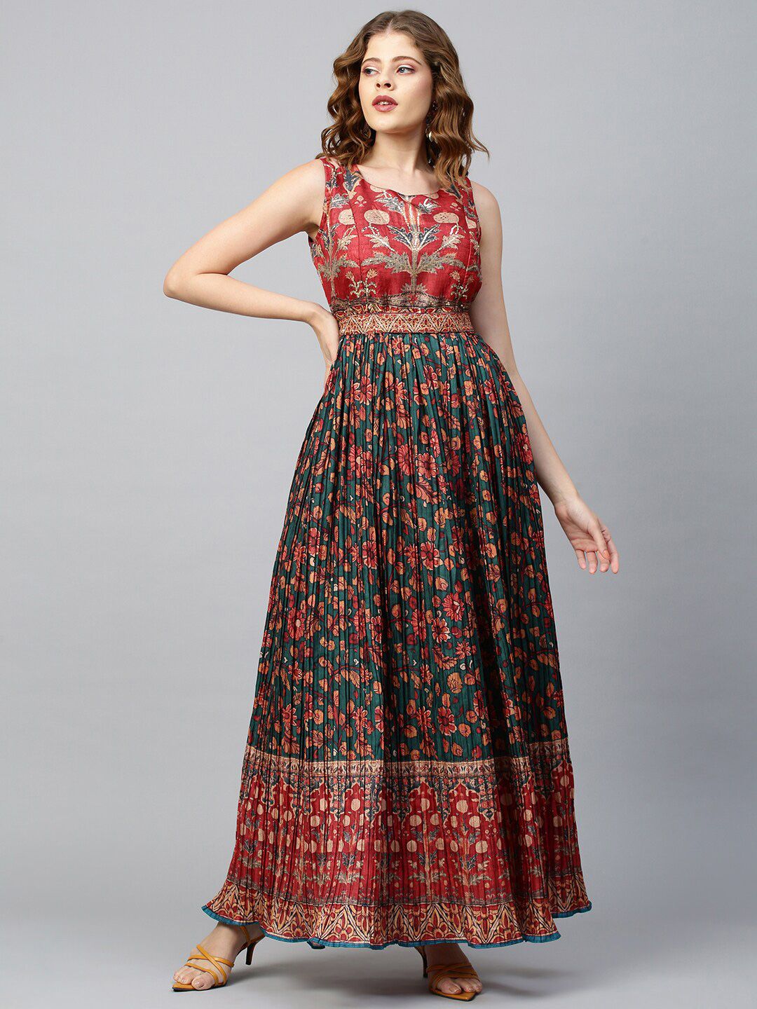 FASHOR Green & Red Floral Ethnic Maxi Dress Price in India