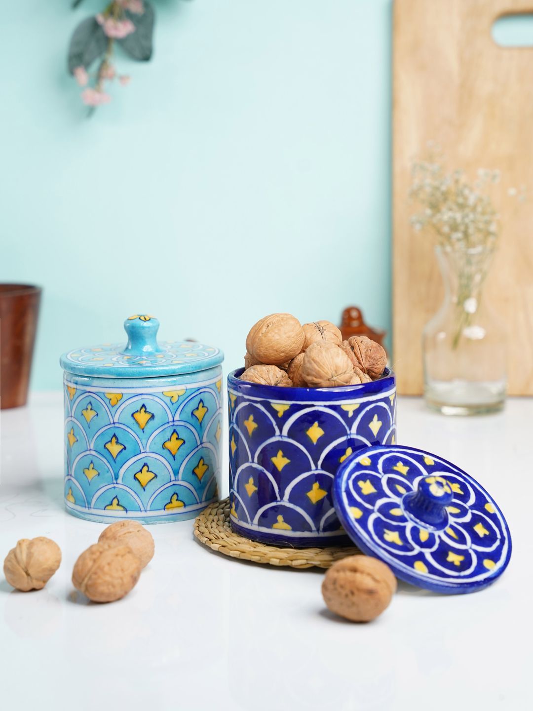 Folkstorys Set of 2 Blue Printed Ceramic Storage Jar Price in India