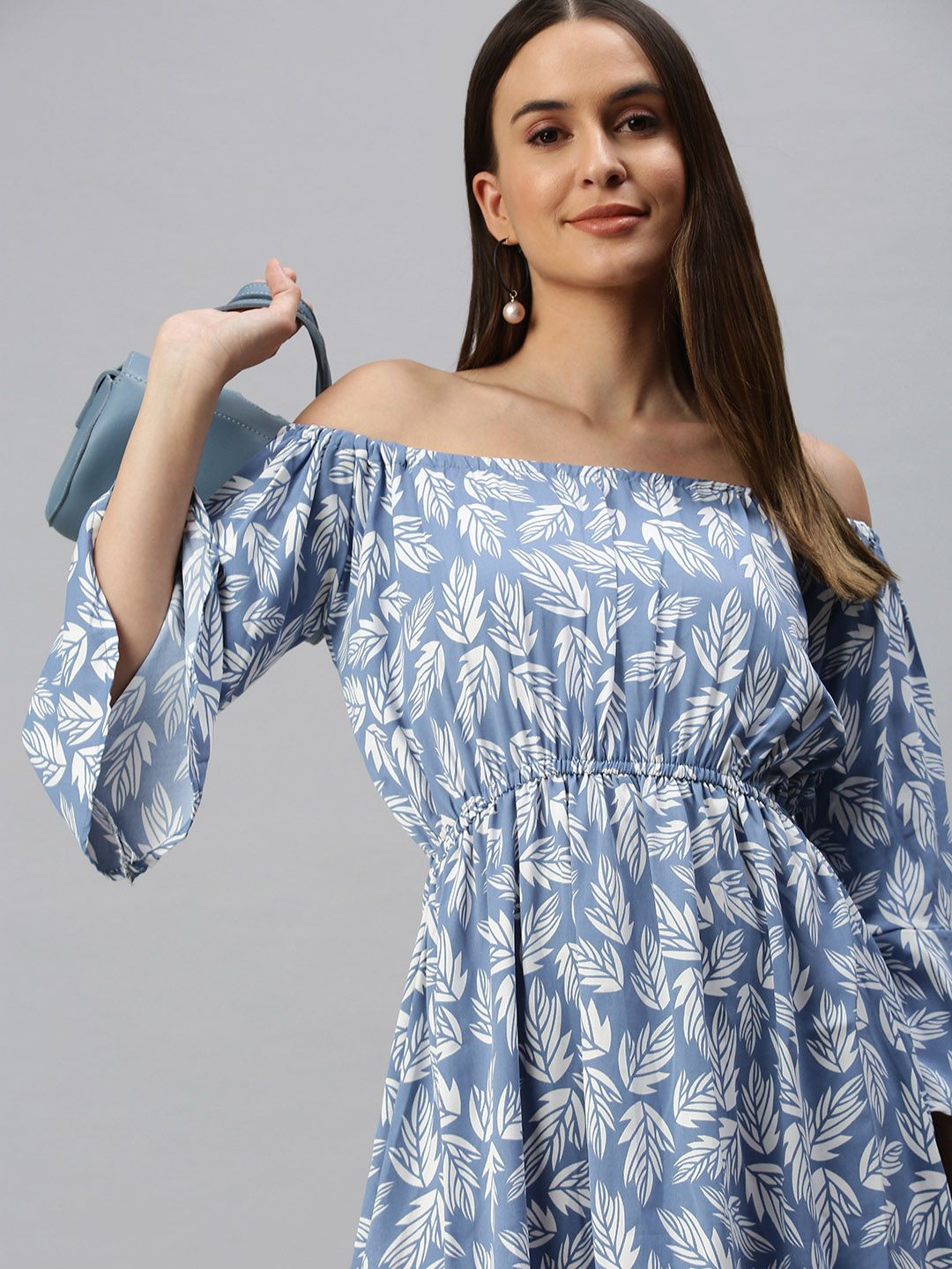 SHOWOFF Women Blue Printed Off-Shoulder Crepe Dress Price in India