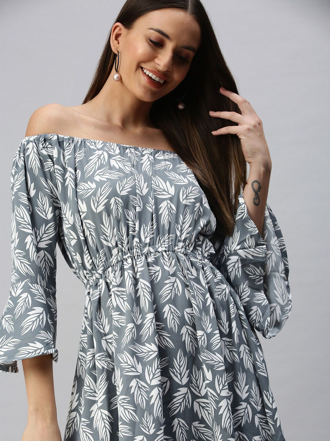 SHOWOFF Grey & White Tropical Off-Shoulder Crepe A-Line Dress Price in India