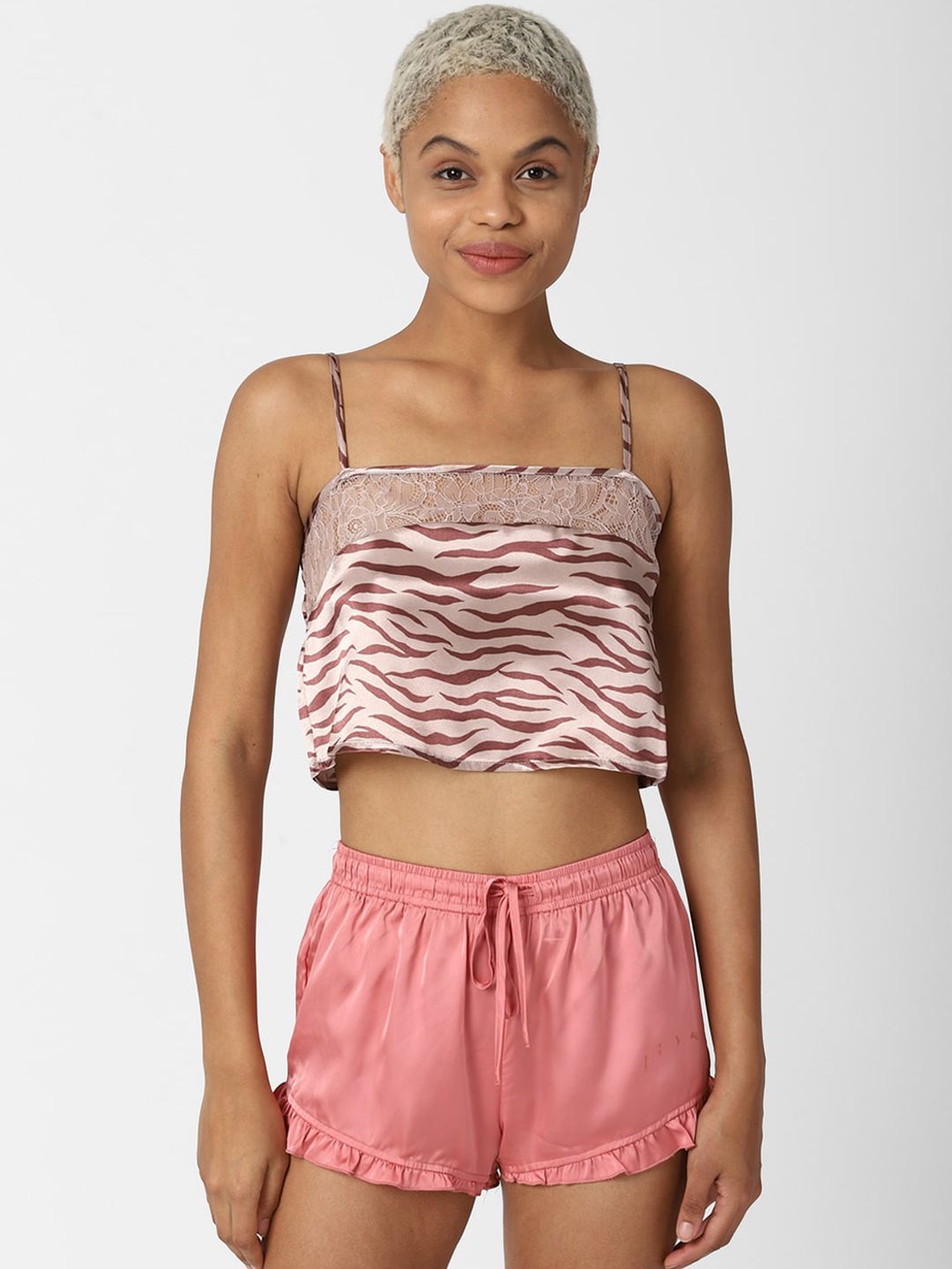 FOREVER 21 Women Pink Printed Strappy Lounge Top Price in India