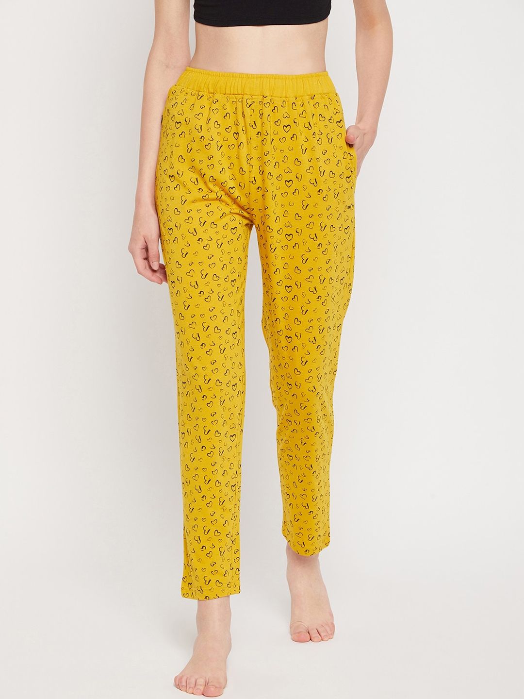 Okane Women Mustard Yellow & Black Printed Cotton Lounge Pants Price in India