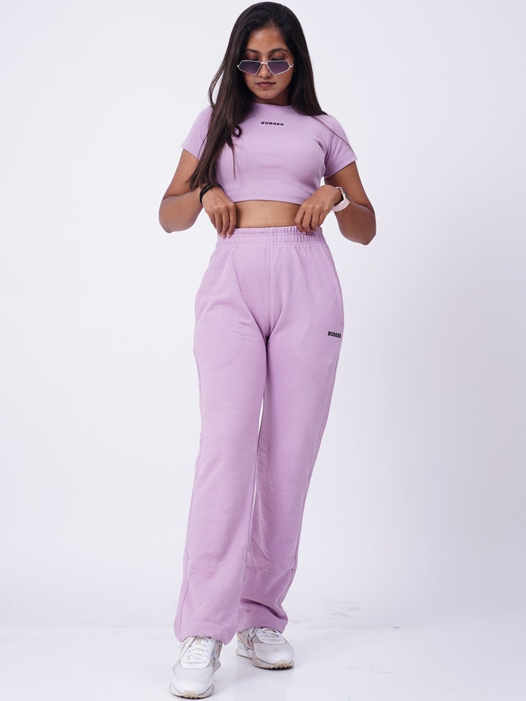 BURGER BAE Women Lavender Solid Crop Top & Trousers