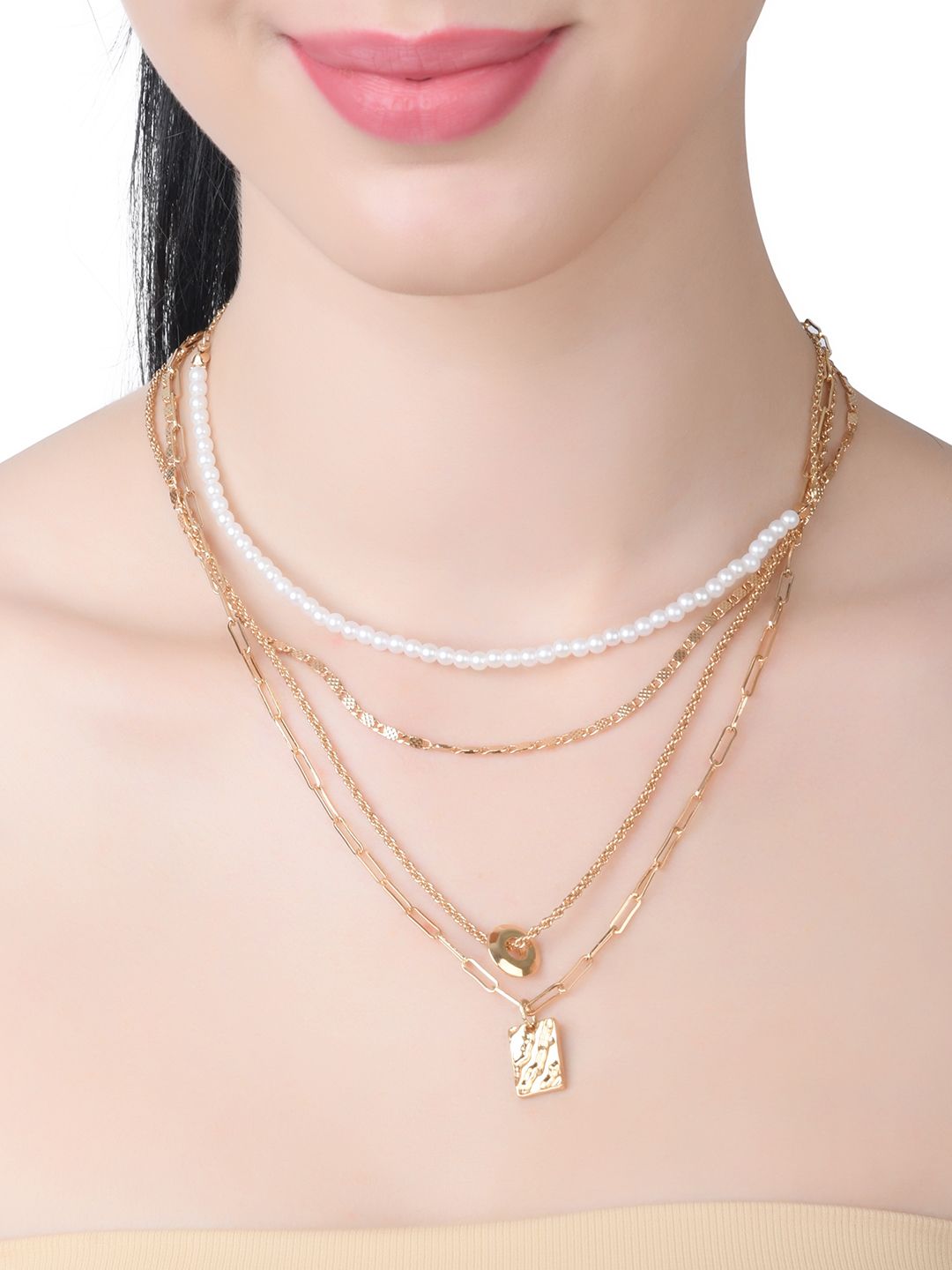 Lilly & sparkle Gold-Plated & White Layered Necklace Price in India