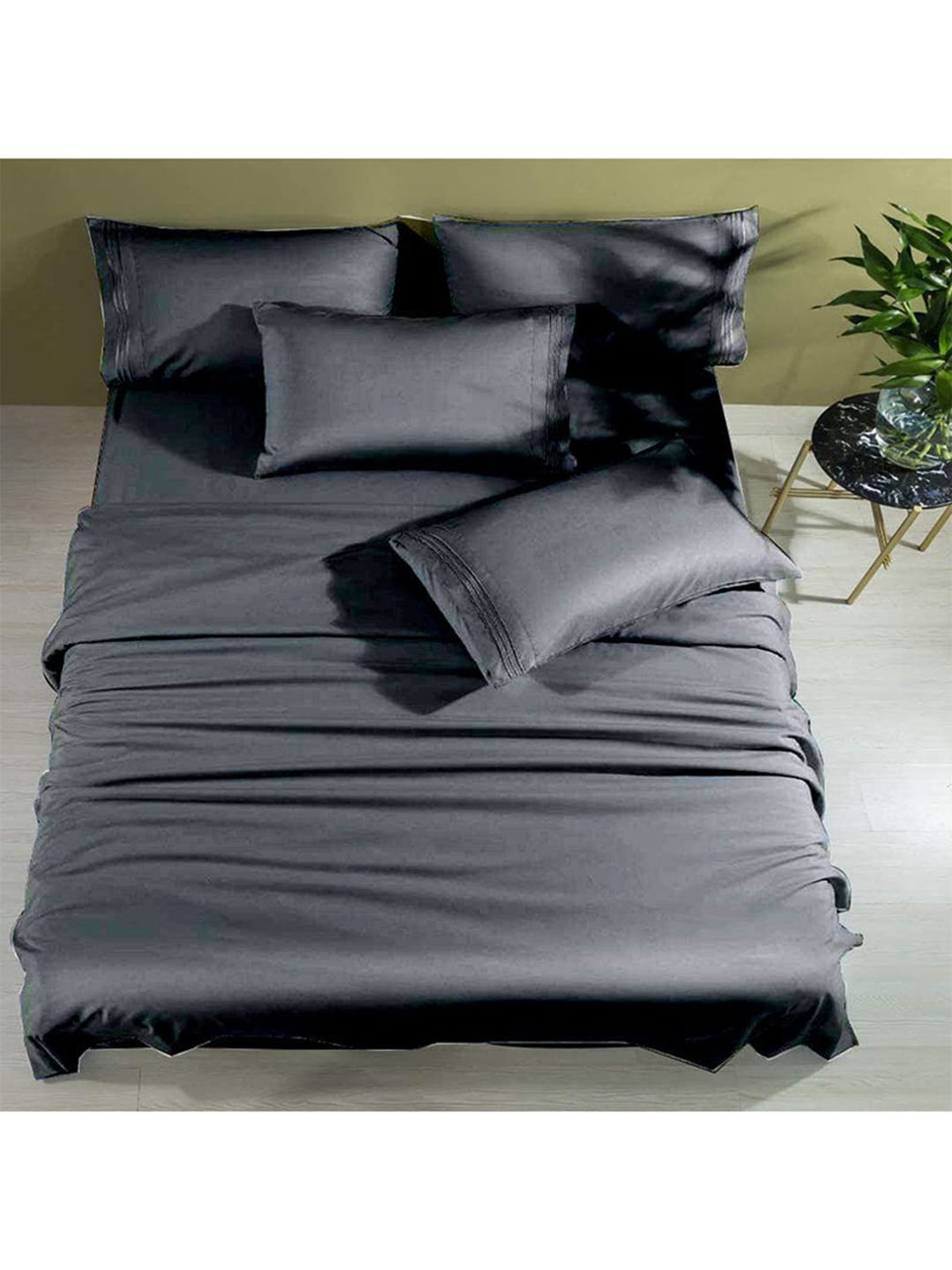 THE SLEEP COMPANY Grey Solid 300 TC Fitted King Bedsheet With 2 Pillow Covers Price in India