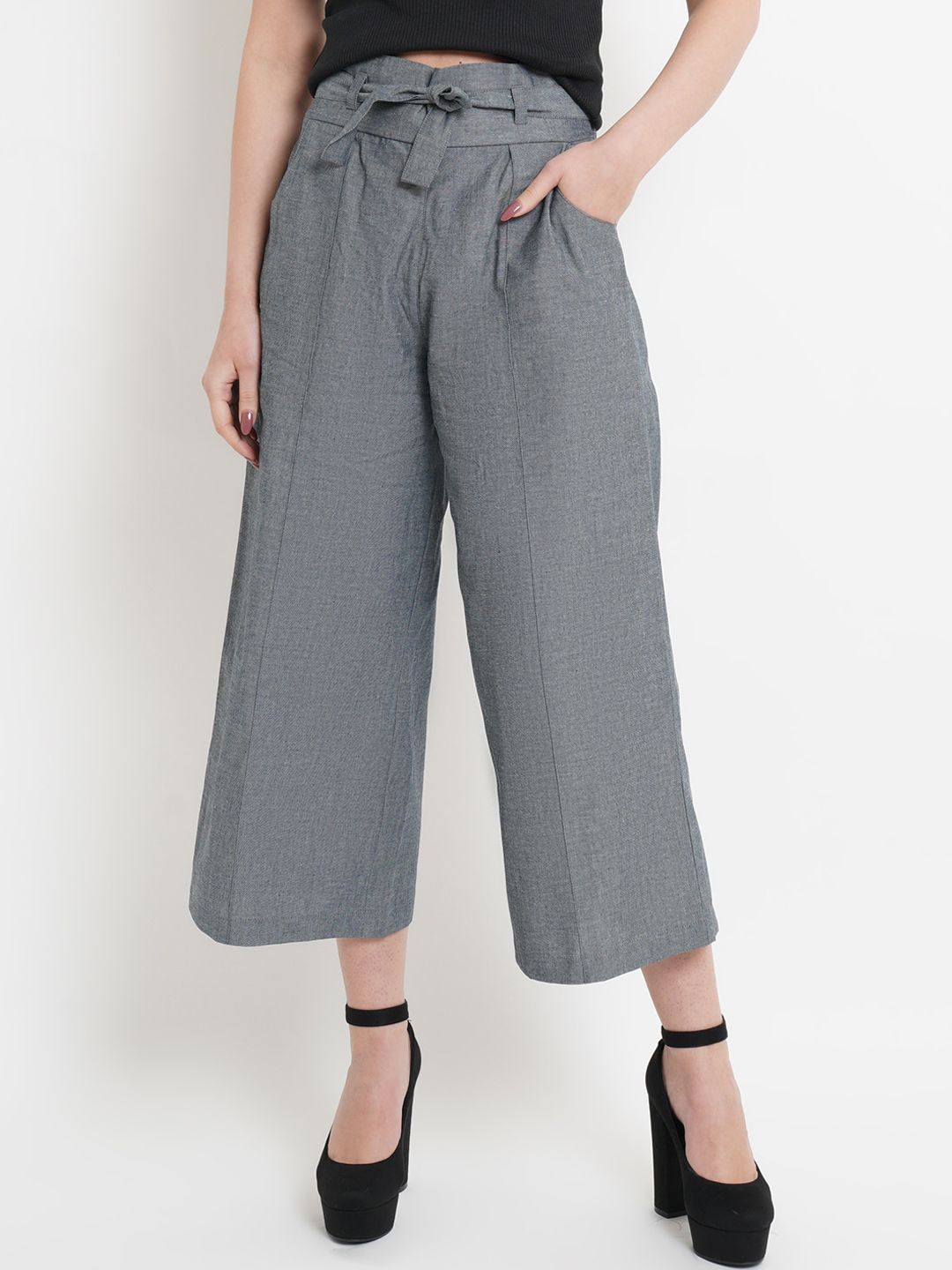 Purple State Women Grey  Solid Culottes Trousers Price in India