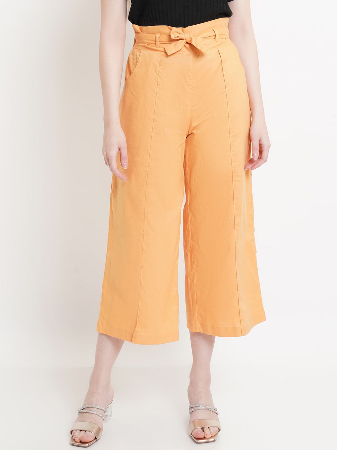 Purple State Women Orange Comfort Pleated Cotton Culottes Trousers Price in India