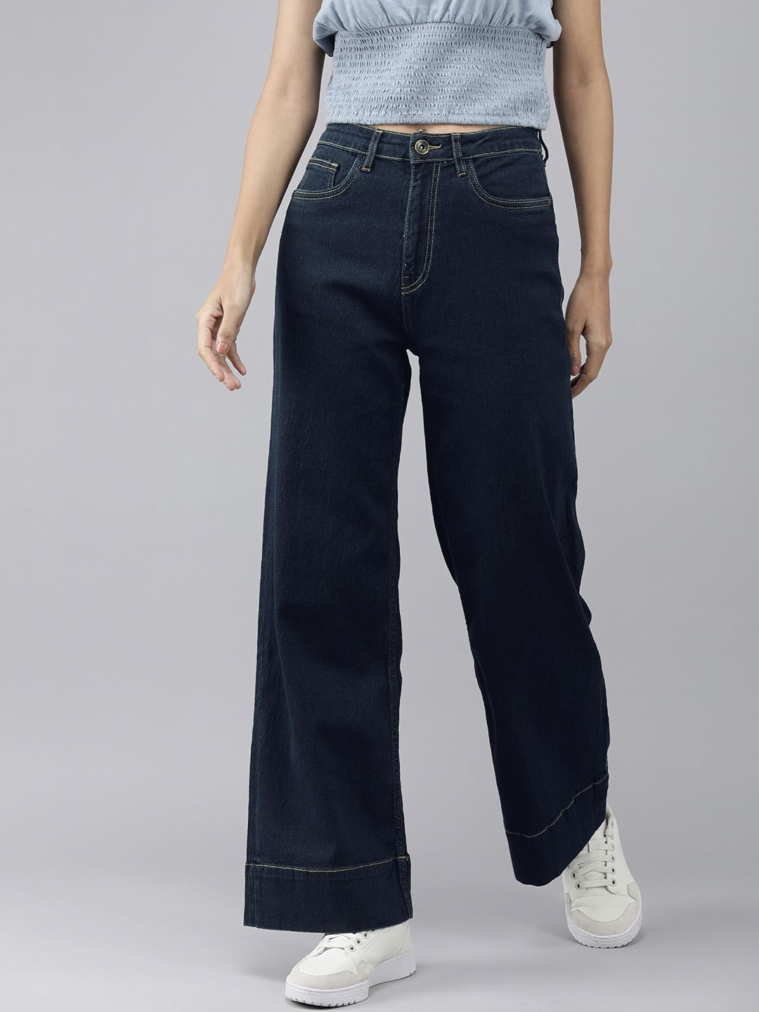 Roadster Women Navy Blue Wide Leg High-Rise Stretchable Jeans Price in India