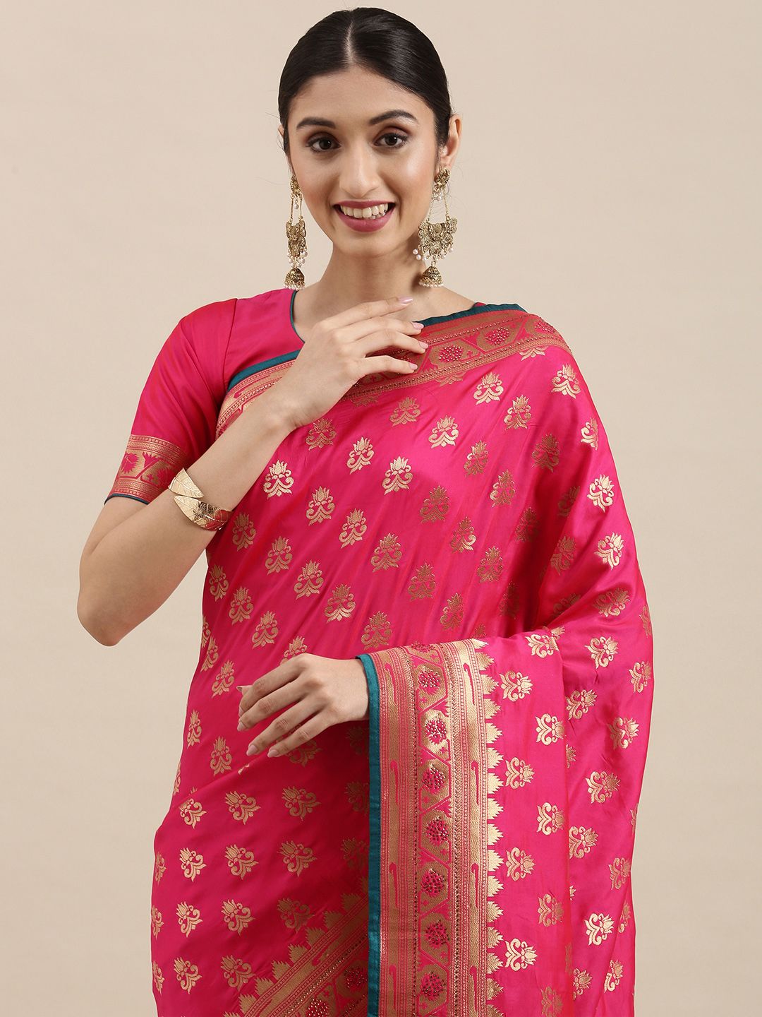 NAKKASHI Pink & Golden Ethnic Motifs Woven Design Saree Price in India