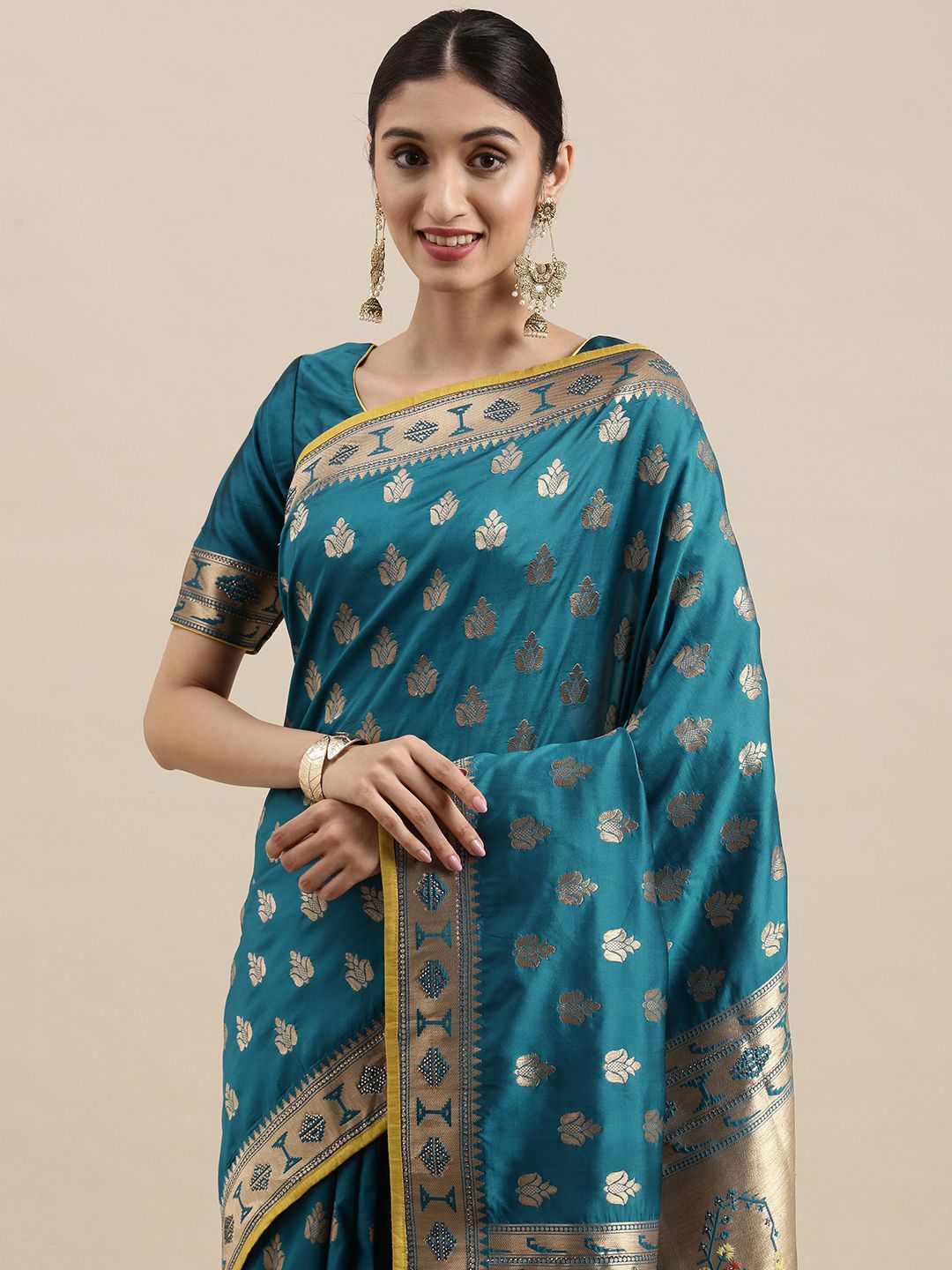 NAKKASHI Blue & Golden Ethnic Motifs Woven Design Saree Price in India