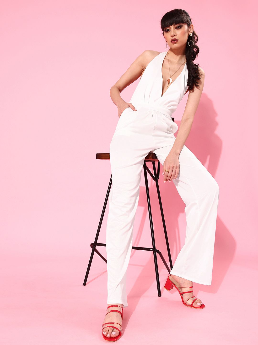 iki chic White Solid Halter Neck Basic Jumpsuit Price in India