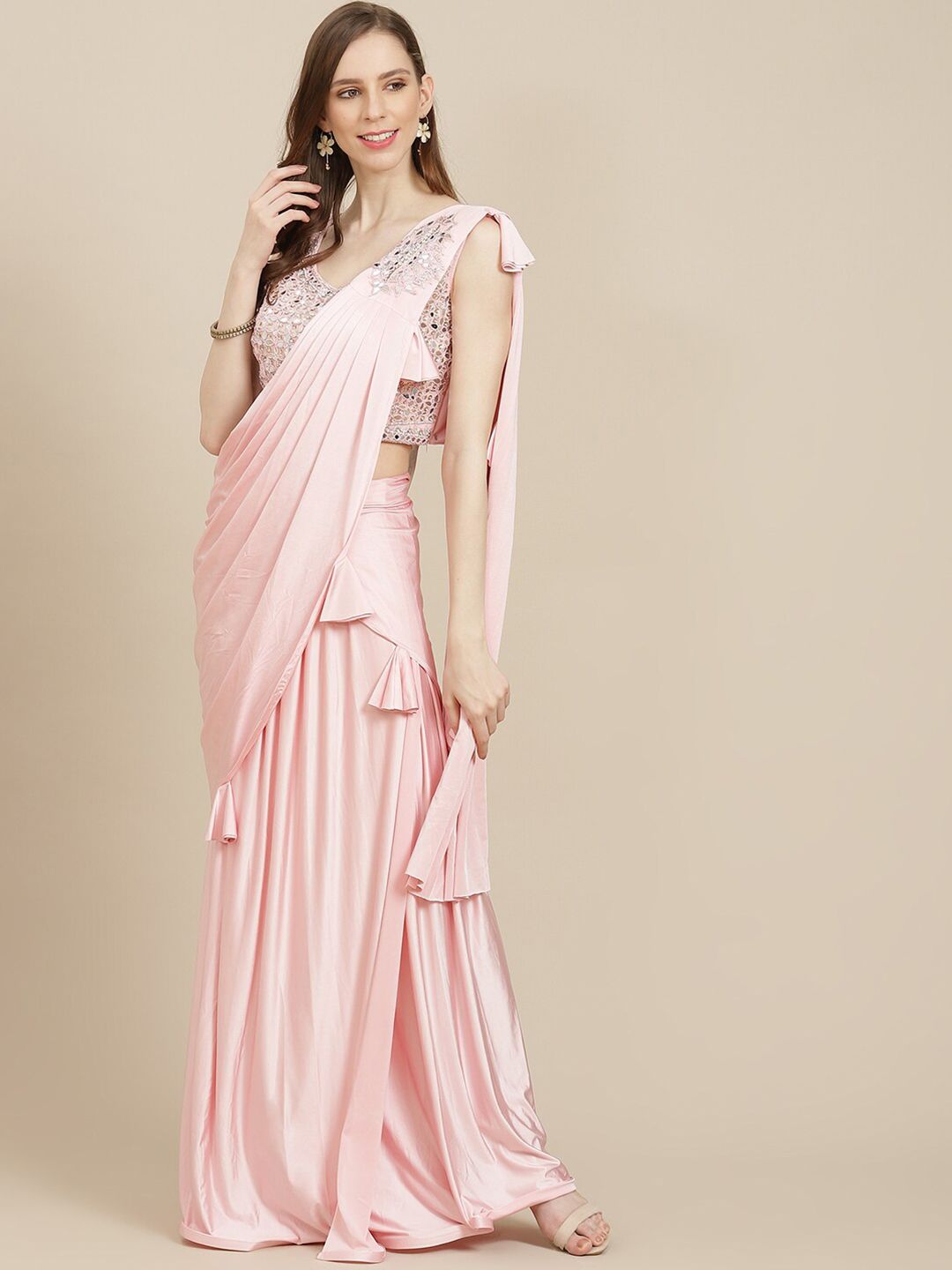 Grancy Pink Embellished Sequinned Ready to Wear Saree