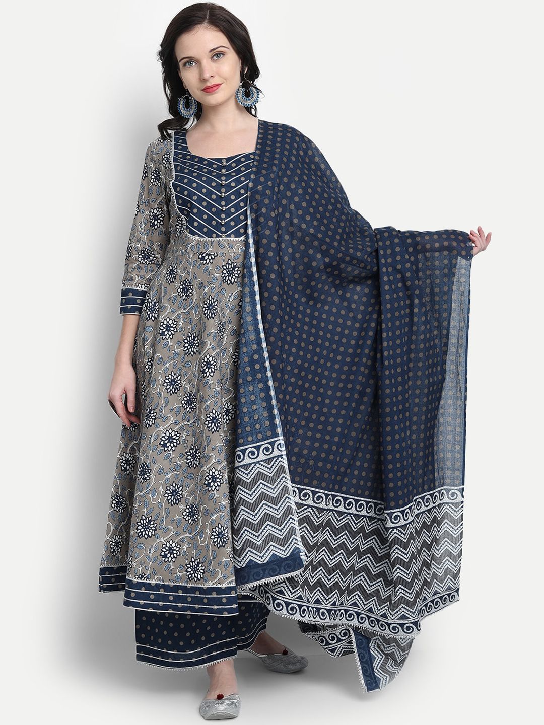 Wyfees Women Grey Floral Printed Pure Cotton Kurti with Palazzos & With Dupatta Price in India