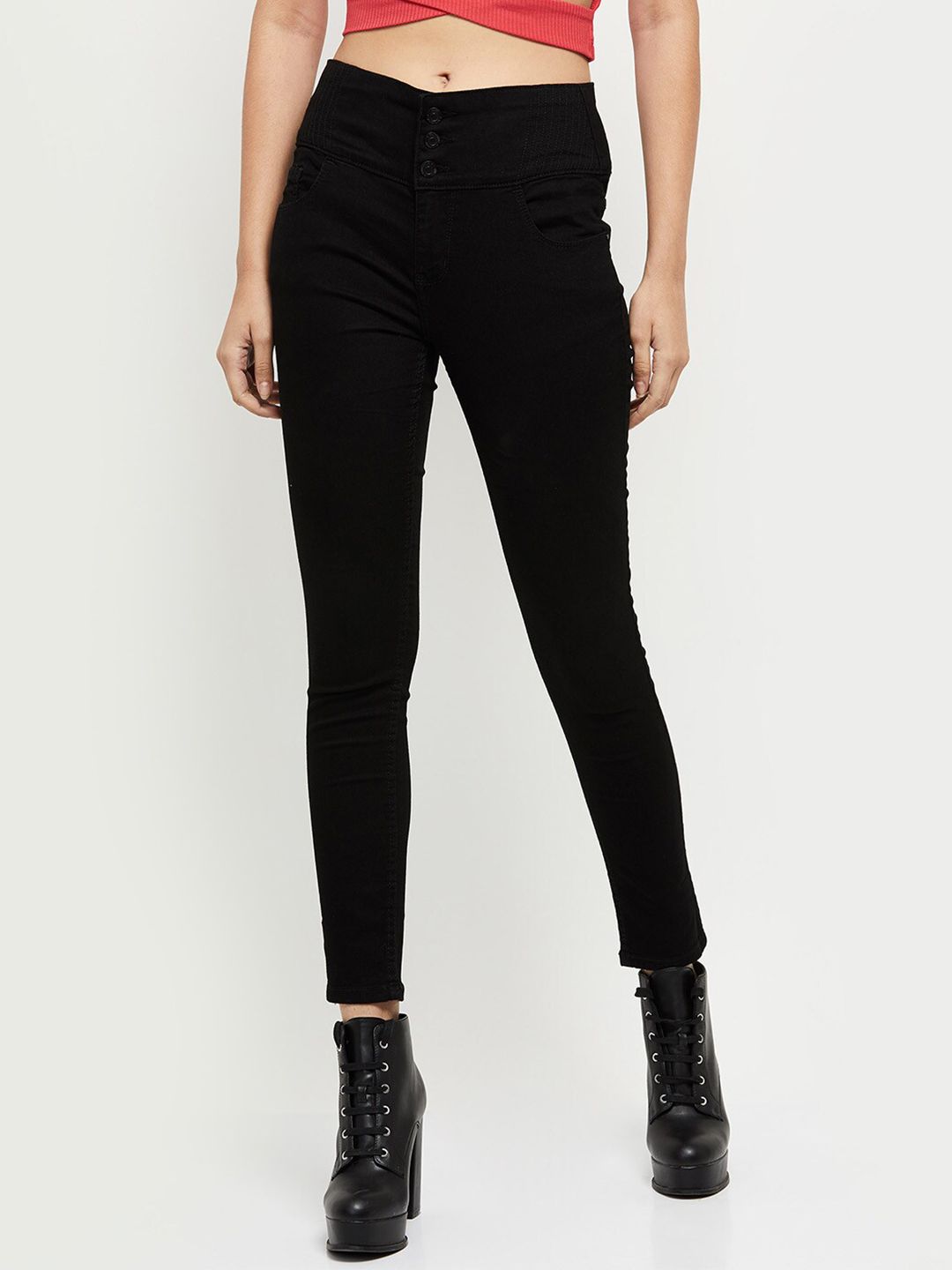 max Women Black Solid Jeans Price in India