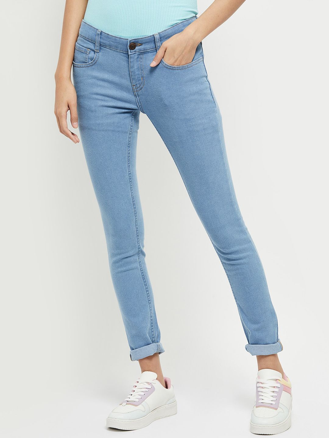 max Women Blue Solid Jeans Price in India