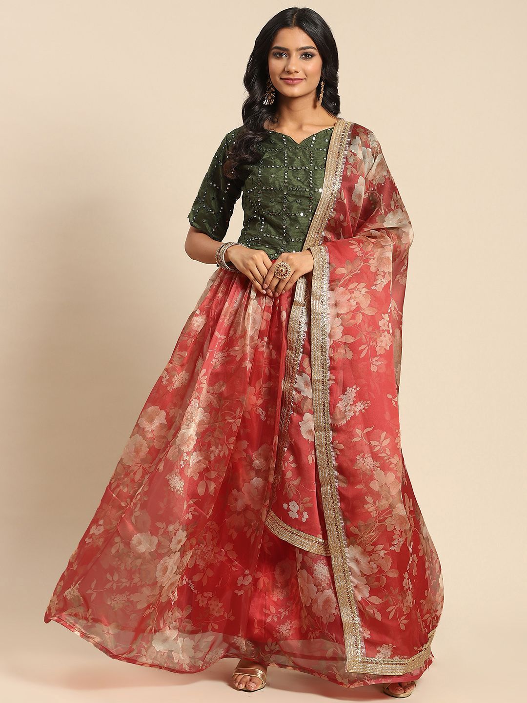 Tikhi Imli Red & Green Embellished Mirror Work Ready to Wear Lehenga & Semi-Stitched Blouse With Dupatta Price in India
