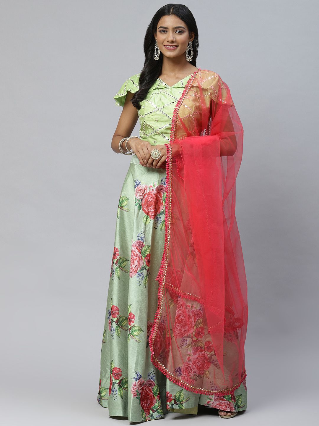 Tikhi Imli Green & Red Embellished Mirror Work Ready to Wear Lehenga & Semi-Stitched Blouse With Dupatta Price in India