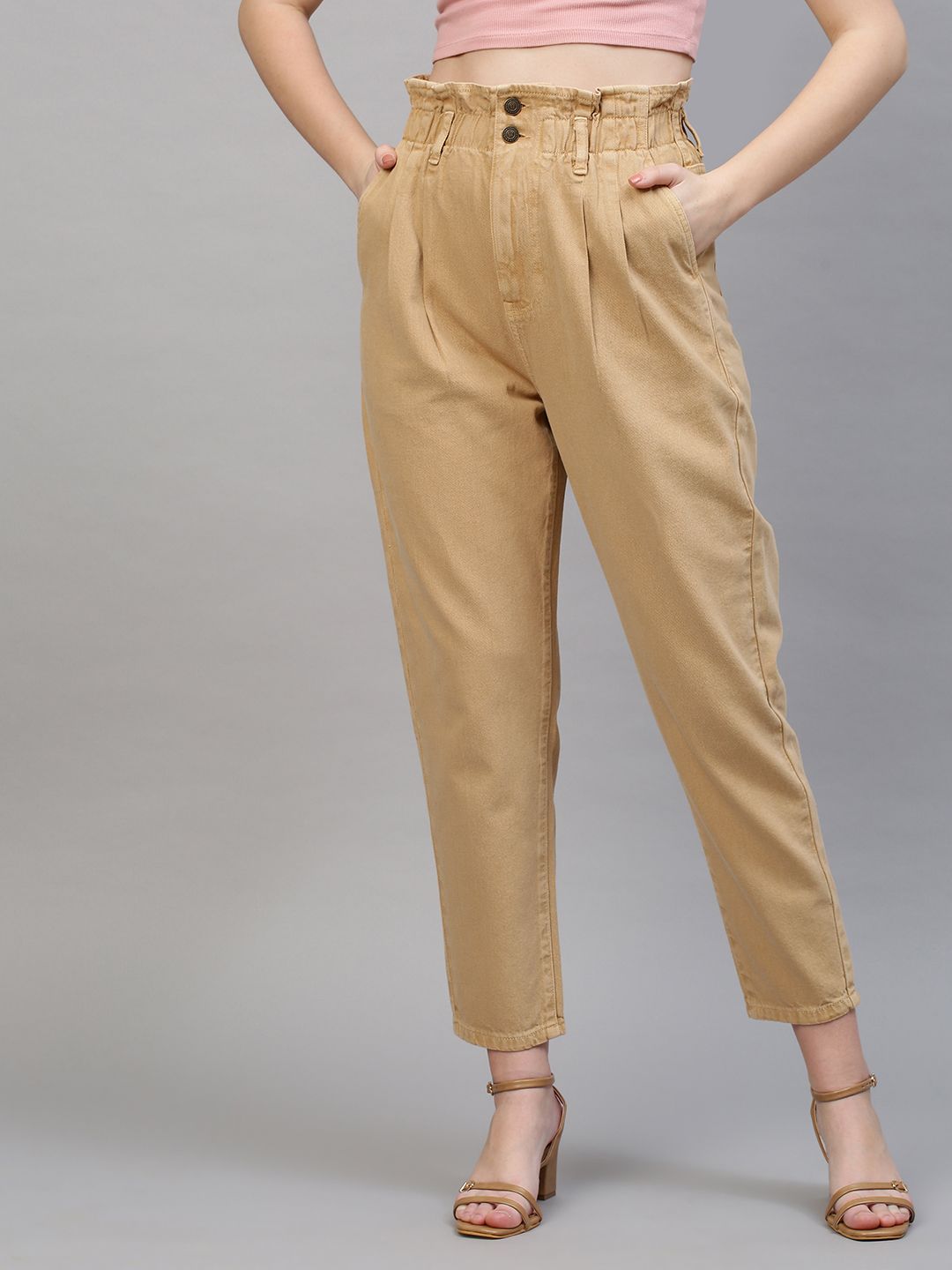 TARAMA Women Beige Solid Tapered Fit High-Rise Jeans Price in India