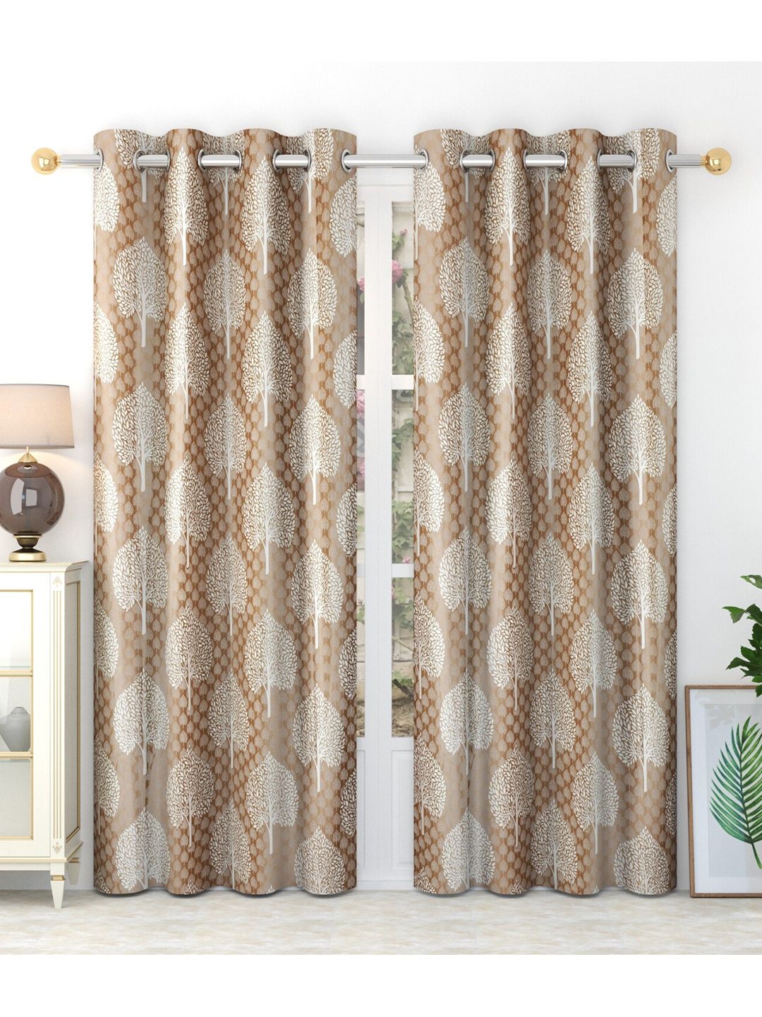 MULTITEX Brown & White Set of 2 Floral Door Curtain Price in India