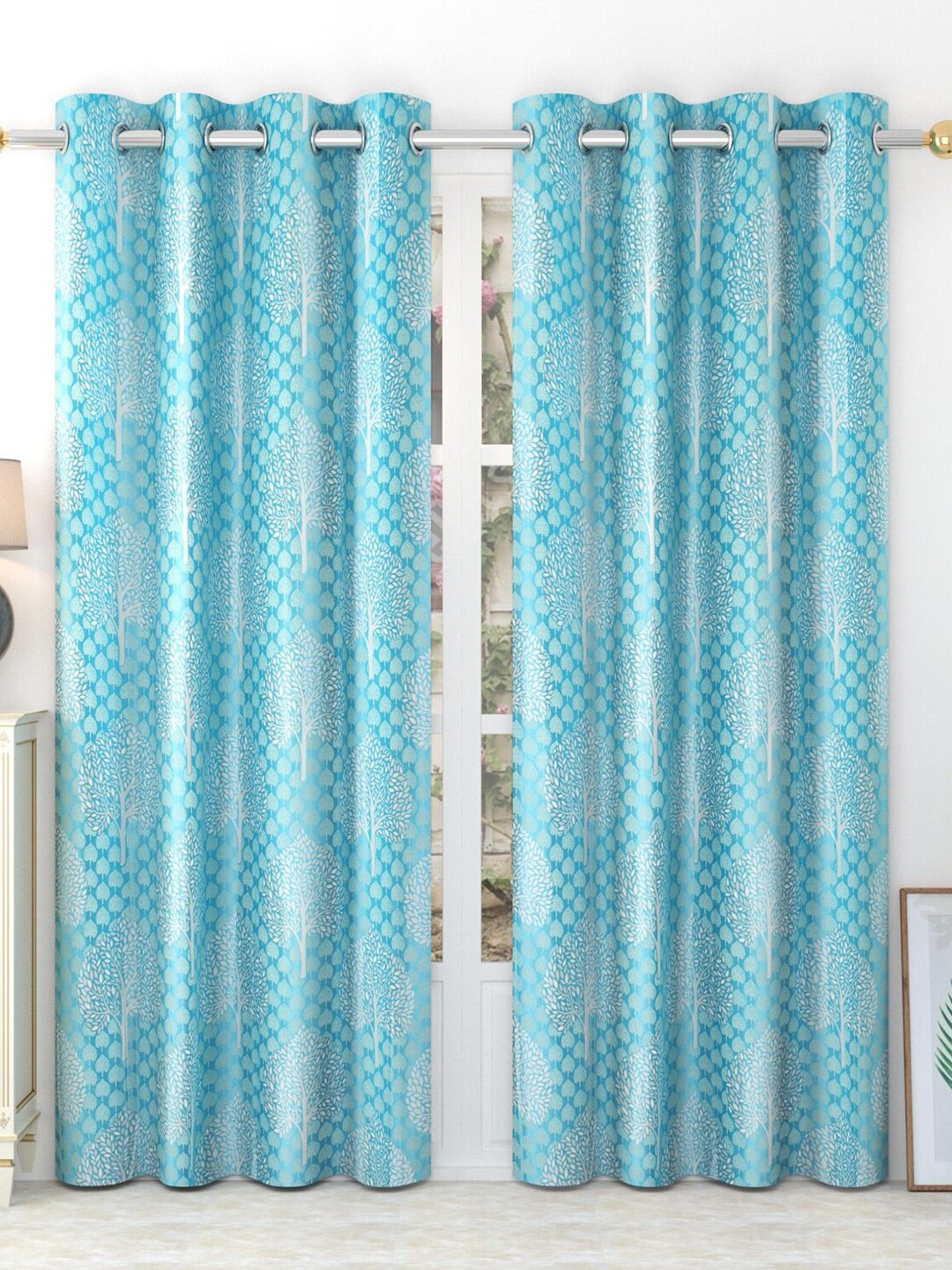 MULTITEX Turquoise Blue & White Set of 2 Ethnic Motifs Door Curtain Price in India