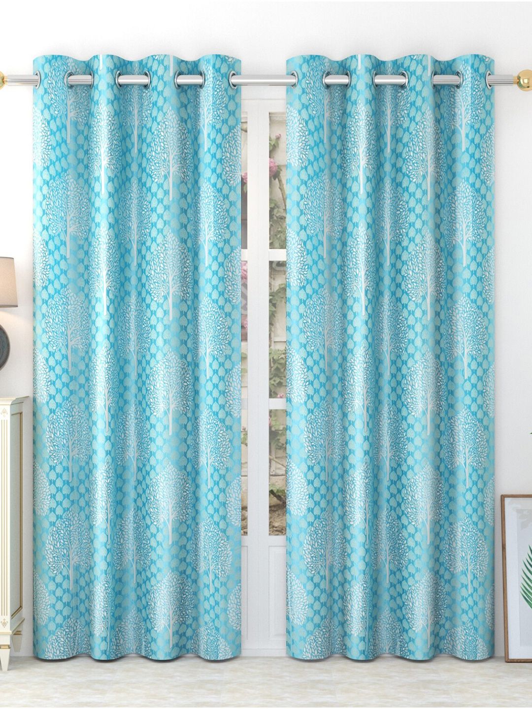 MULTITEX Blue & White Set of 2 Floral Long Door Curtain Price in India