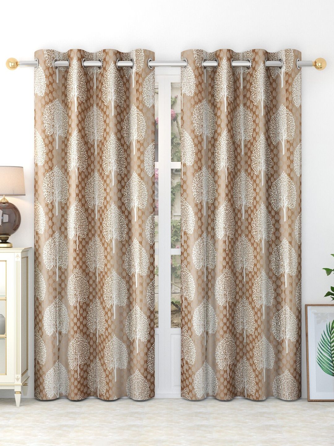 MULTITEX Brown & White Set of 2 Floral Long Door Curtain Price in India