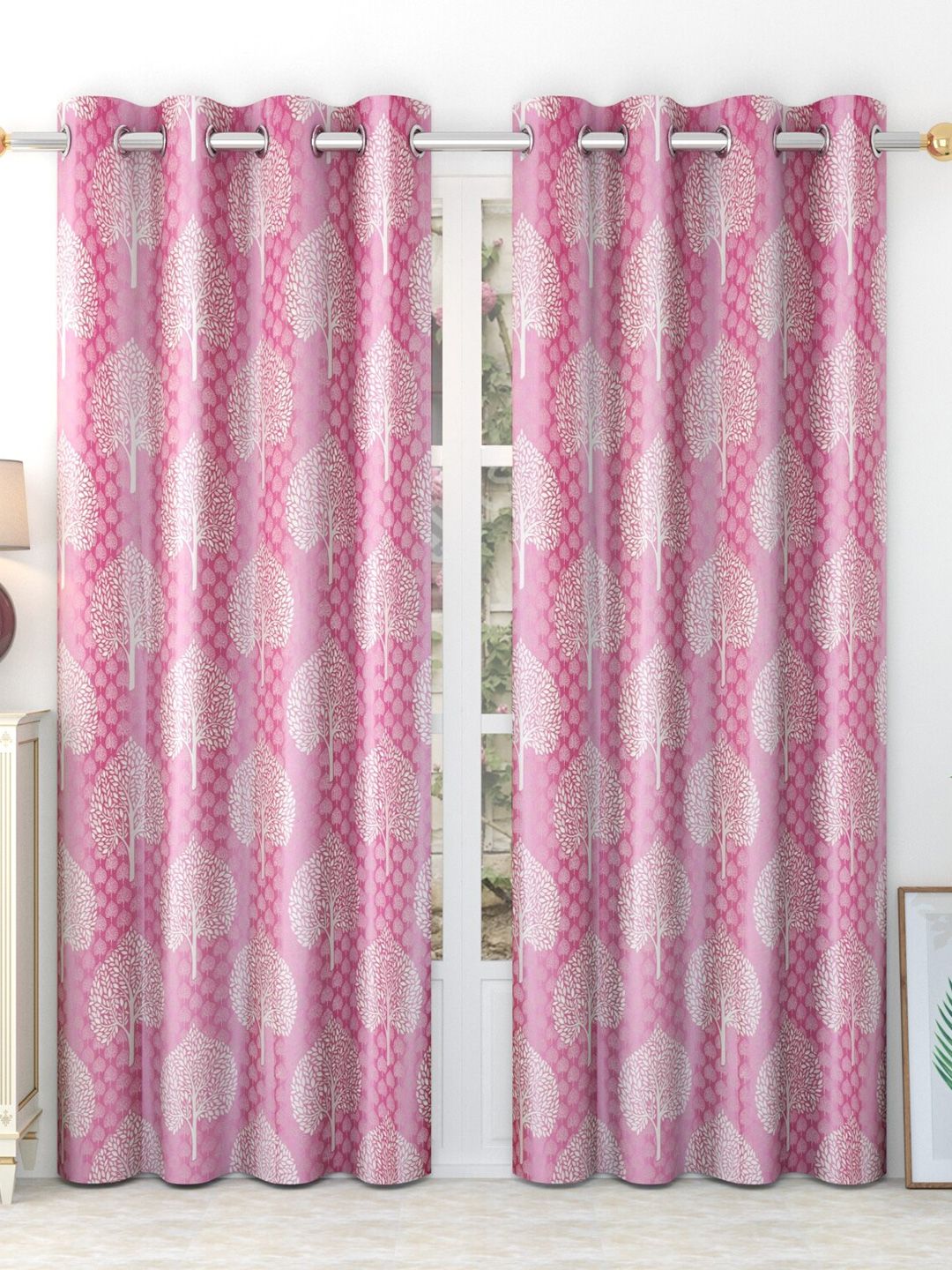 MULTITEX Pink & White Set of 2 Floral Window Curtain Price in India