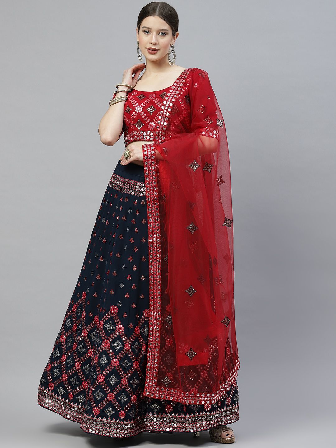 SHUBHKALA Teal Blue & Red Semi-Stitched Lehenga & Unstitched Blouse With Dupatta Price in India