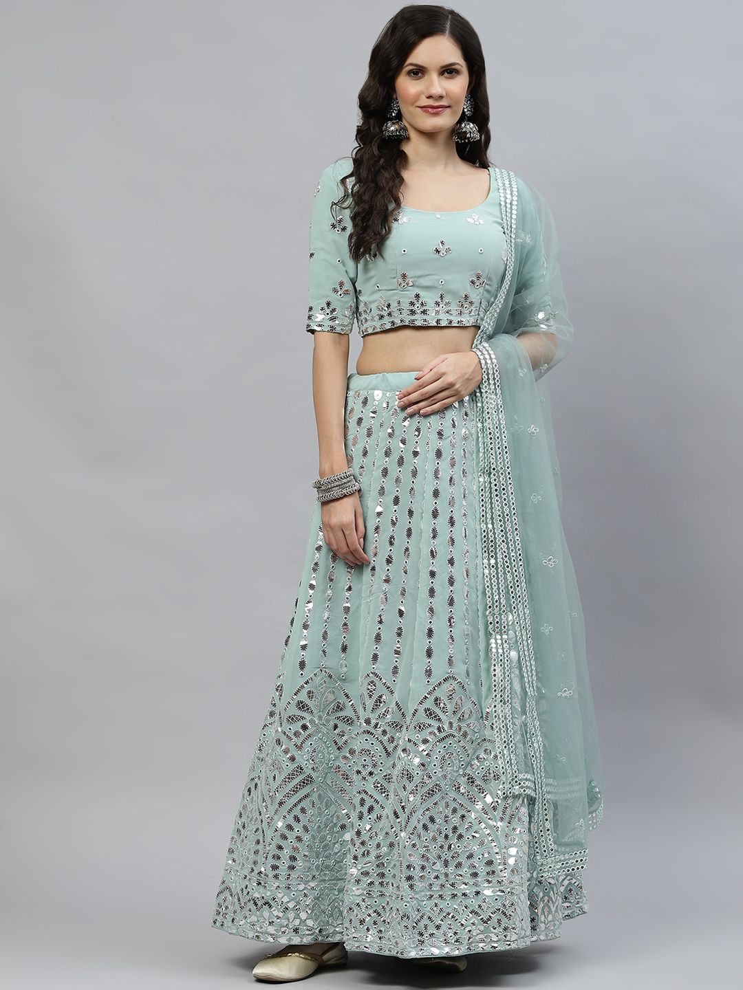 SHUBHKALA Sea Green Embellished Sequinned Semi-Stitched Lehenga & Unstitched Blouse With Dupatta Price in India