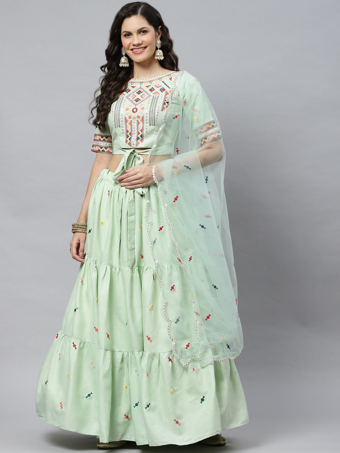 SHUBHKALA Sea Green Embroidered Sequinned Semi-Stitched Lehenga & Unstitched Blouse With Dupatta Price in India