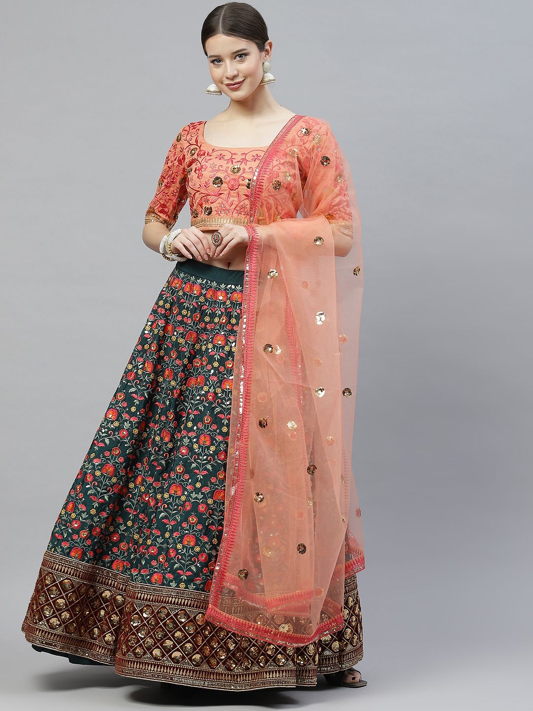 SHUBHKALA Green & Peach-Coloured Semi-Stitched Lehenga & Unstitched Blouse With Dupatta Price in India