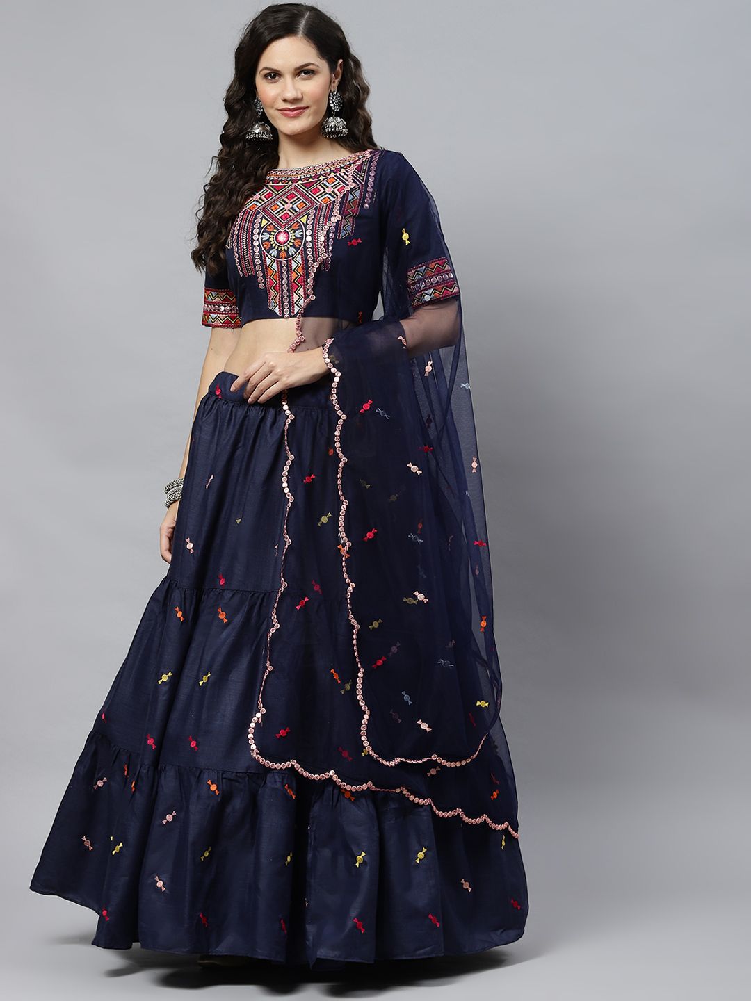 SHUBHKALA Navy Blue Embroidered Sequinned Semi-Stitched Lehenga & Unstitched Blouse With Dupatta Price in India