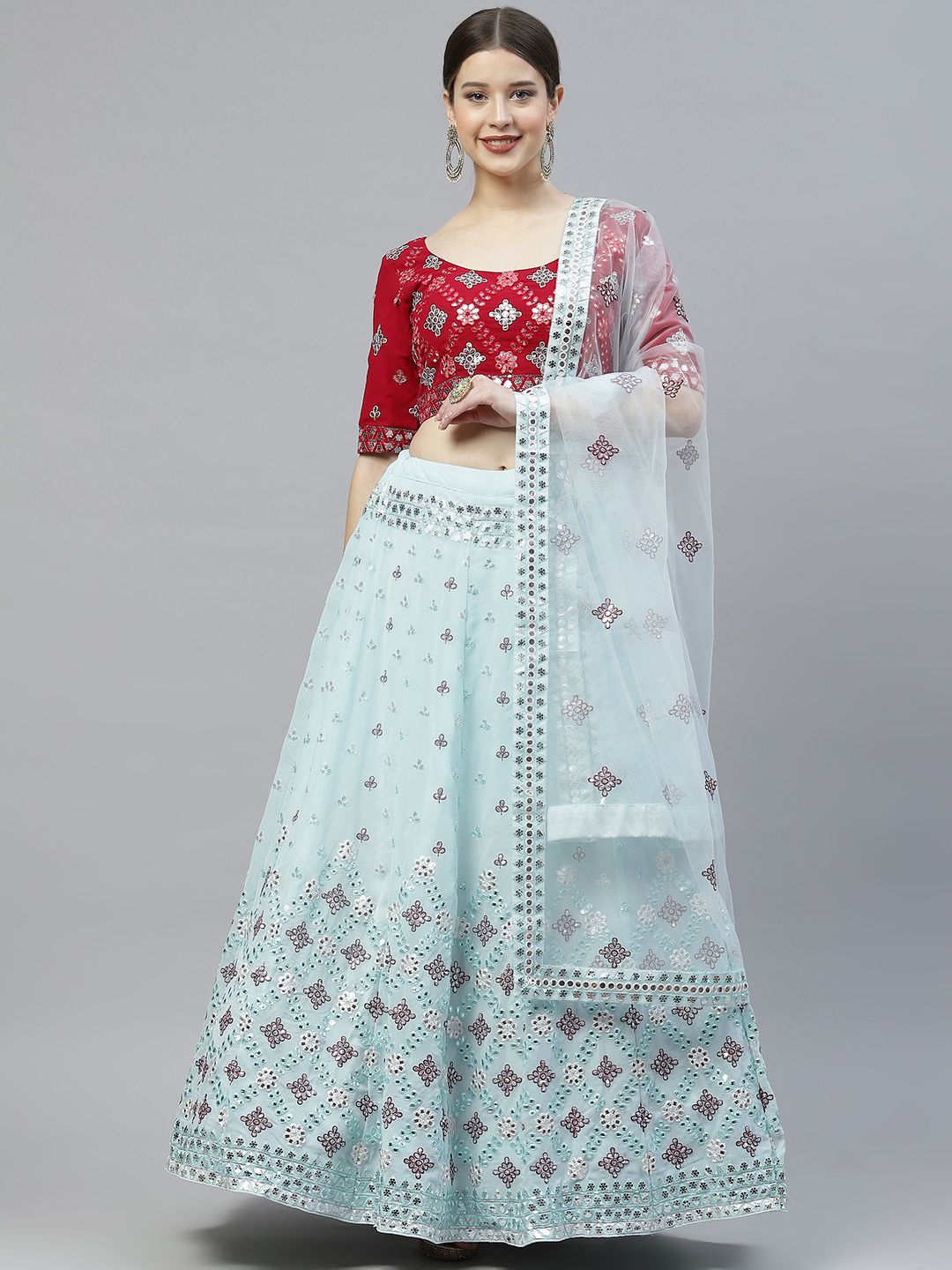 SHUBHKALA Blue & Pink Embellished Mirror Work Semi-Stitched Lehenga & Unstitched Blouse With Dupatta Price in India