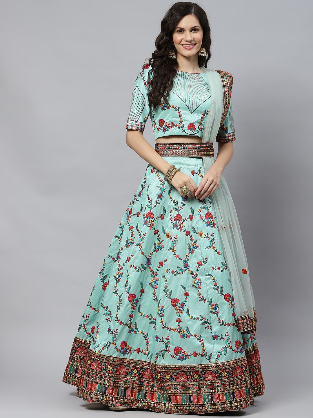 SHUBHKALA Sea Green Embroidered Sequinned Semi-Stitched Lehenga & Unstitched Blouse With Dupatta Price in India