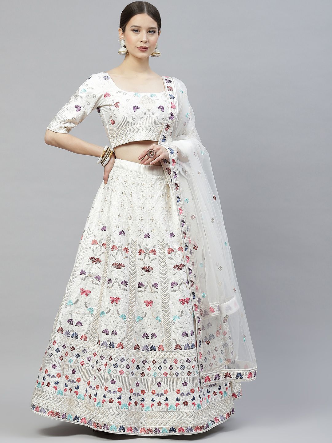 SHUBHKALA White Embroidered Sequinned Semi-Stitched Lehenga & Unstitched Blouse With Dupatta Price in India
