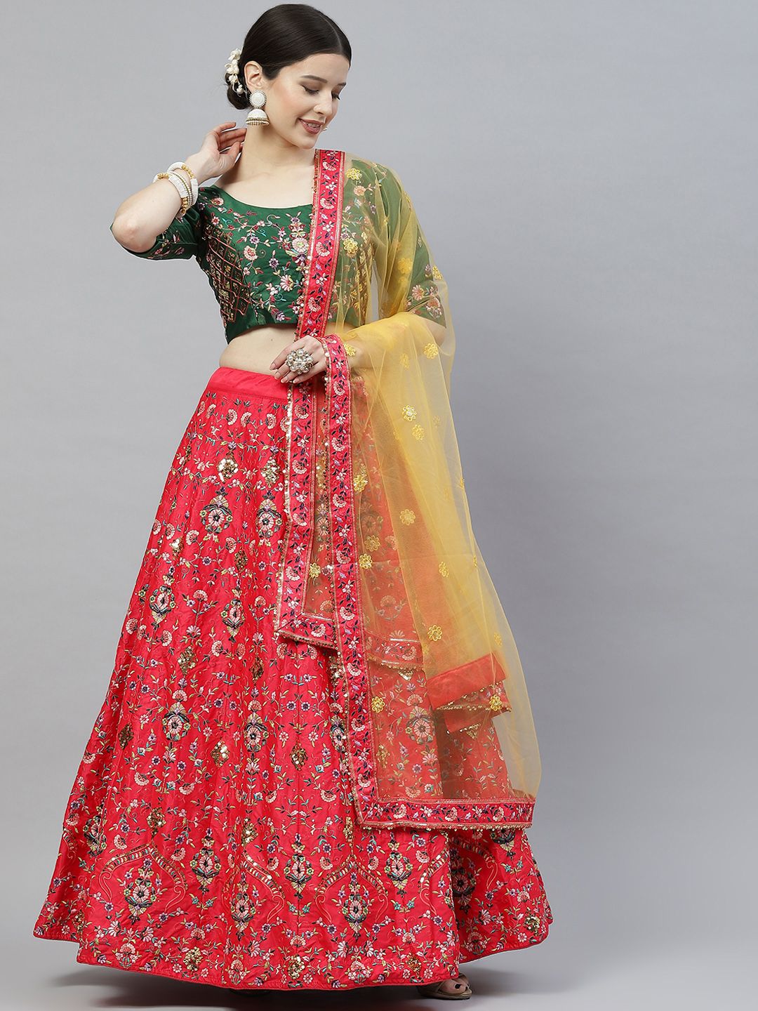 SHUBHKALA Red & Green Embroidered Sequinned Semi-Stitched Lehenga & Unstitched Blouse With Dupatta Price in India