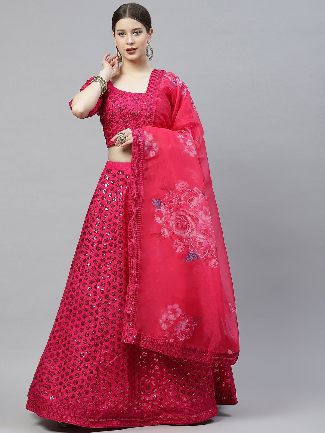 SHUBHKALA Pink Embellished Sequinned Semi-Stitched Lehenga & Unstitched Blouse With Dupatta Price in India