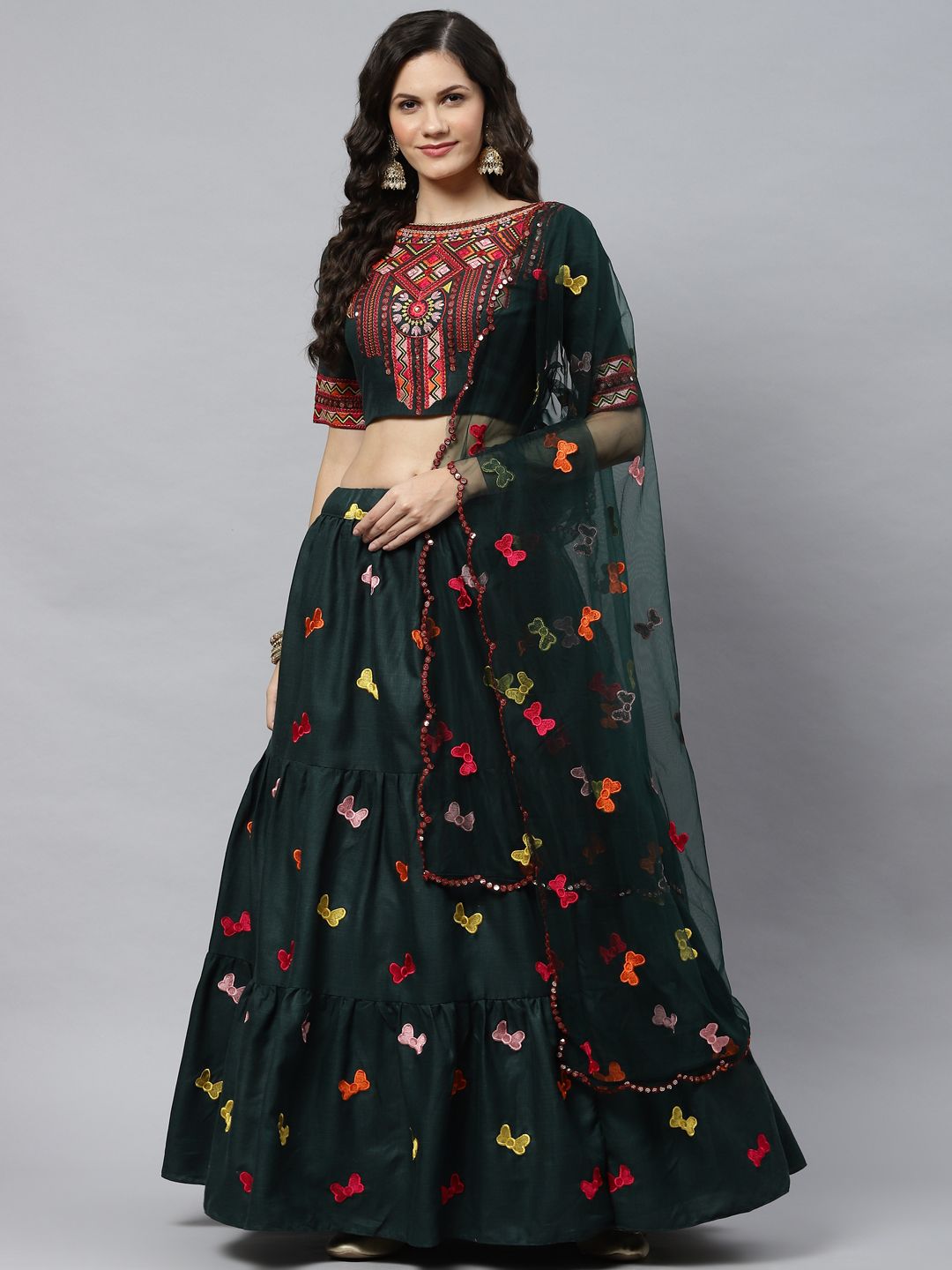 SHUBHKALA Green Embroidered Mirror Work Semi-Stitched Lehenga & Unstitched Blouse With Dupatta Price in India