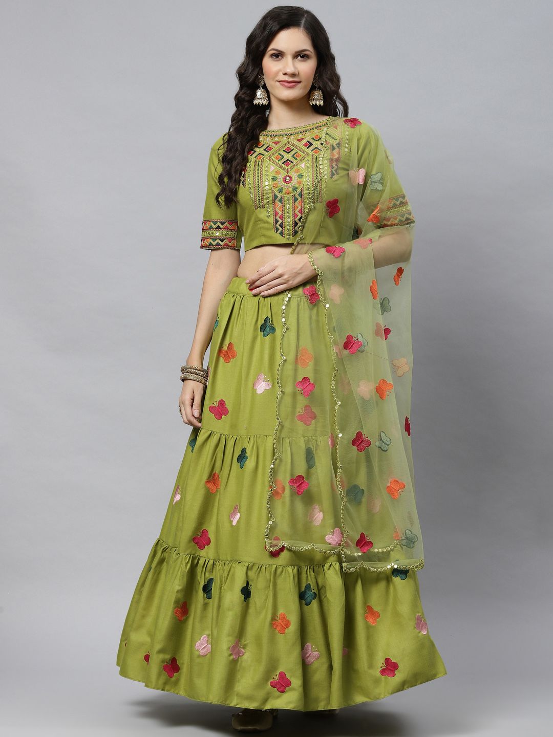 SHUBHKALA Green Embroidered Sequinned Semi-Stitched Lehenga & Unstitched Blouse With Dupatta Price in India