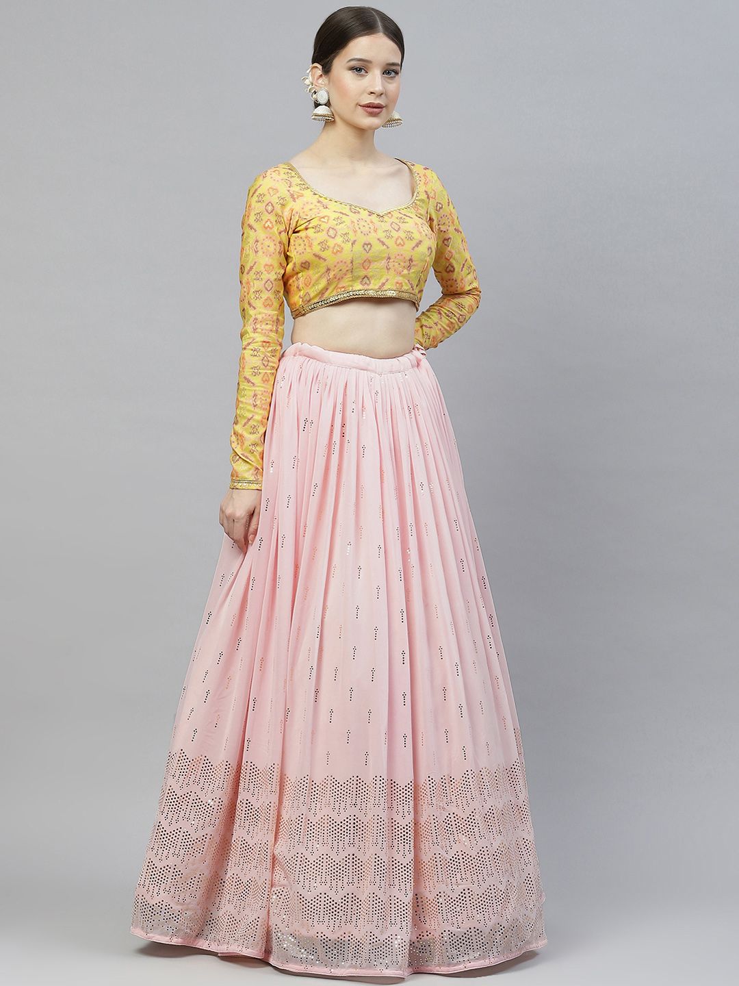 SHUBHKALA Pink & Yellow Printed Semi-Stitched Lehenga & Unstitched Blouse With Dupatta Price in India