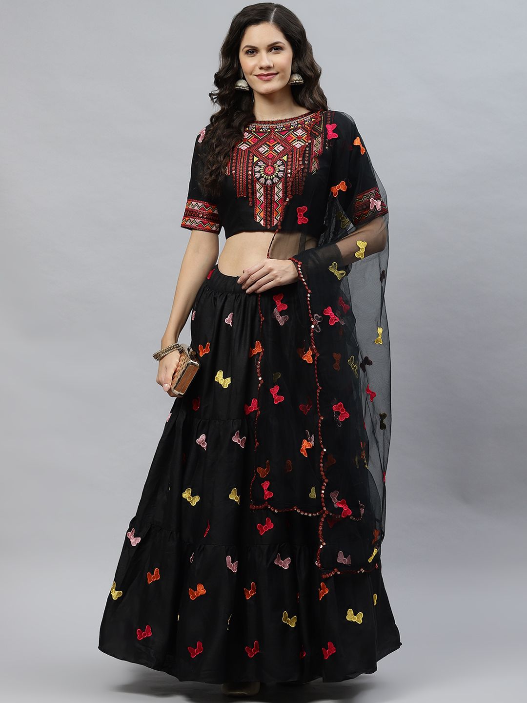 SHUBHKALA Black Embroidered Sequinned Semi-Stitched Lehenga & Unstitched Blouse With Dupatta Price in India