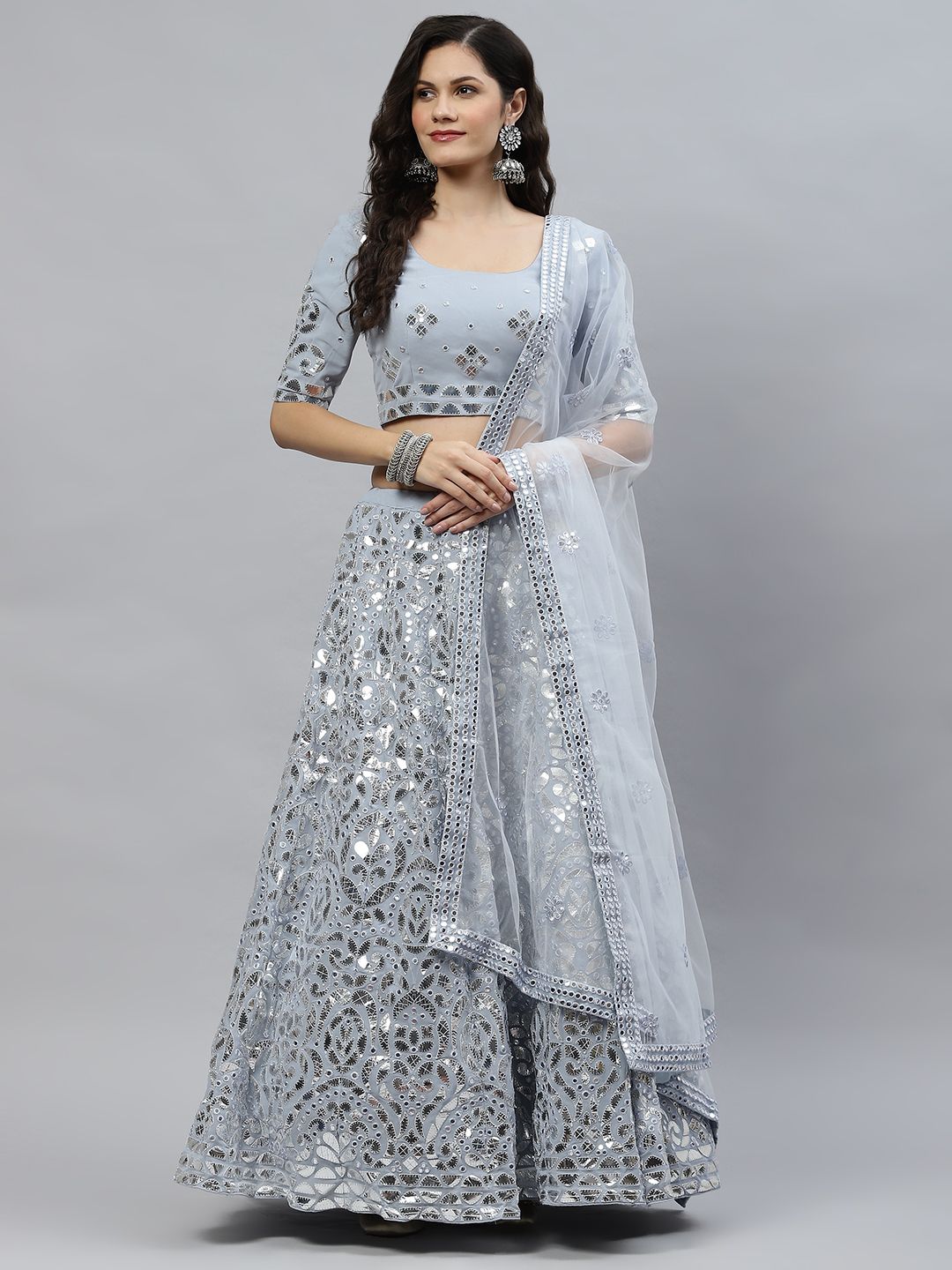 SHUBHKALA Blue Embellished Mirror Work Semi-Stitched Lehenga & Unstitched Blouse With Dupatta Price in India