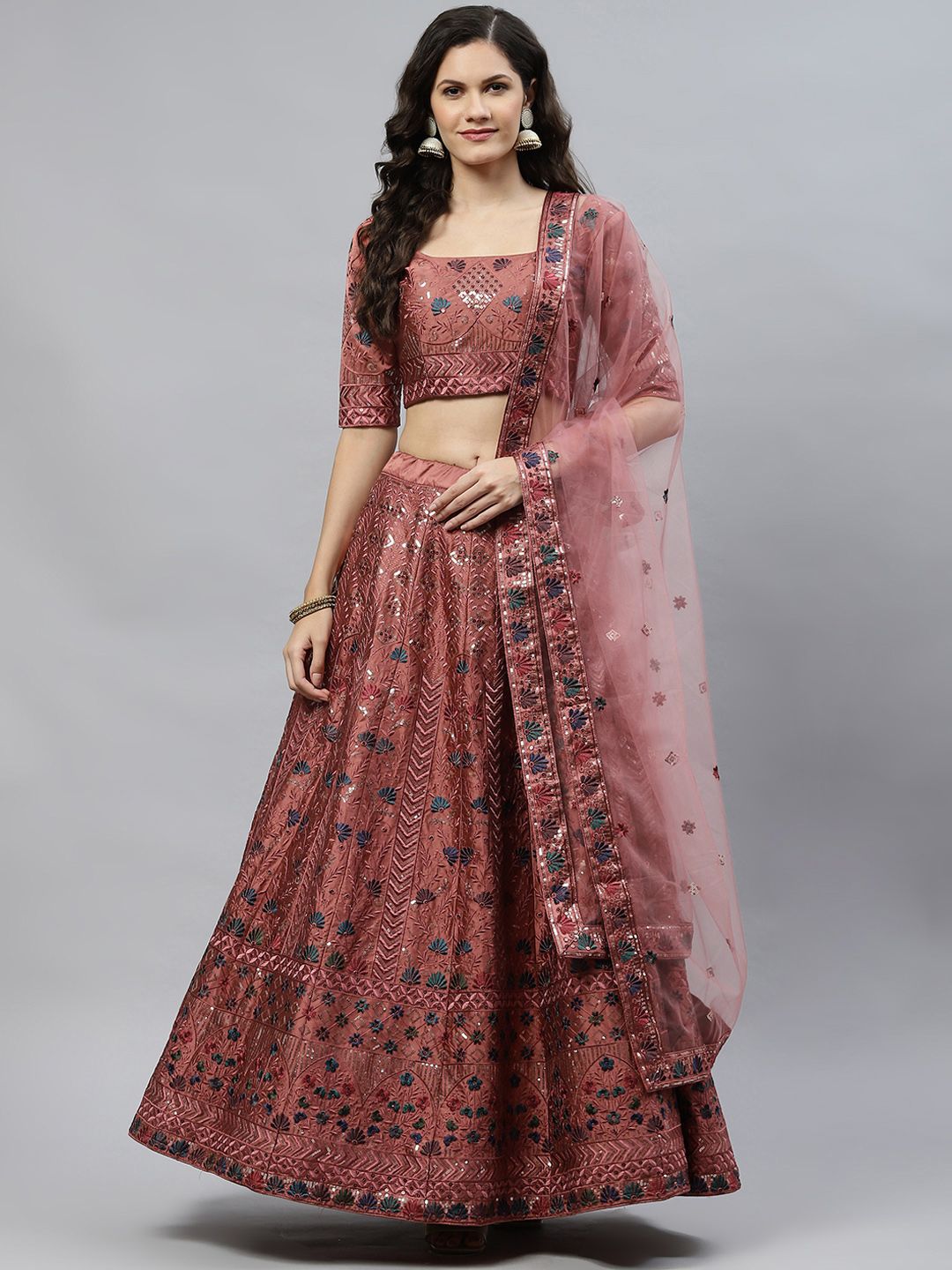 SHUBHKALA Rust Red Embroidered Semi-Stitched Lehenga & Unstitched Blouse With Dupatta Price in India